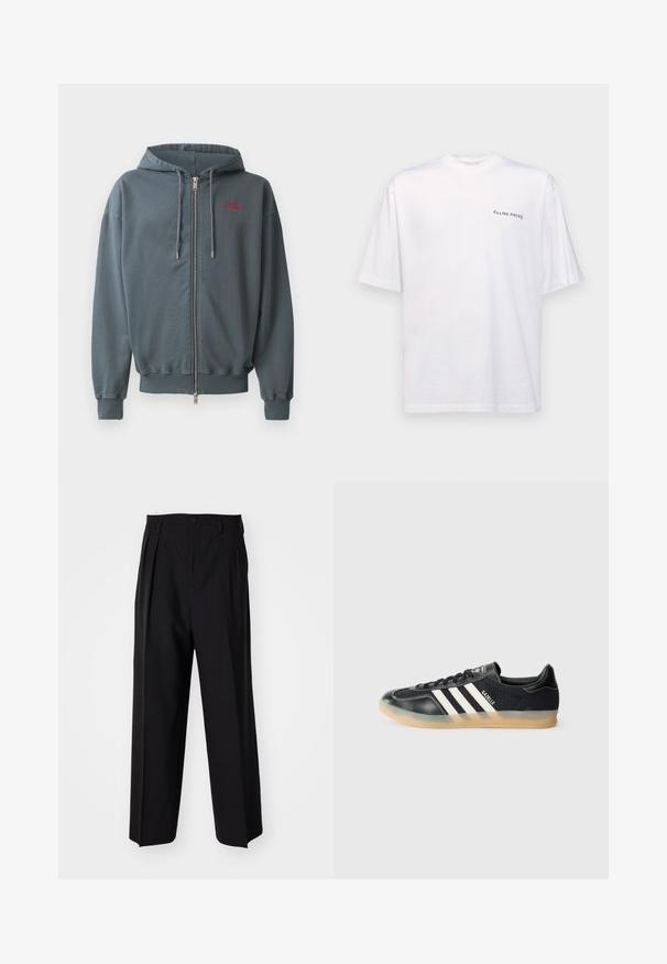 Kapućasta dukserica sa zipom u tamnosivoj mješavini pamuka, koja ima rebraste manžetne i donji rub, s malim crvenim natpisom na gornjem lijevom dijelu prsiju.; Bijela kratka majica s kratkim rukavima od pamuka s V-izrezom, koja na lijevoj strani ima otisnuti crni logotip "FILLING PIECES".; Crne plisirane hlače s ravnim širokim nogavicama. Izrađene od glatkog materijala, s dugmadi za zatvaranje i petljama za remen.; Crni atletski tenisice s bijelim prugama, teksturiranom tkaninom, glatkim kožnim vrhom i gumiranim potplatom. Sadrži logotip na jeziku.