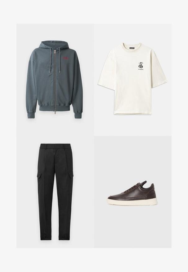 Hettegenser med glidelås i mørkegrå bomullsblanding, med ribbestrikkede mansjetter og nederkant, samt en liten rød tekstdesign på øvre venstre bryst.; Kremfarget oversized T-skjorte laget av bomull. Den har korte ermer og et lite svart slangegrafikk på venstre bryst.; Svart cargo-bukser med elastisk midje, innsvingte ben, sidelommer og en enkelt cargo-lomme på venstre lår. Glatt tekstur.; Mørkebrun strukturert lær sneakers med snøring foran og hvit, rillet gummisåle på en enkel lys bakgrunn.