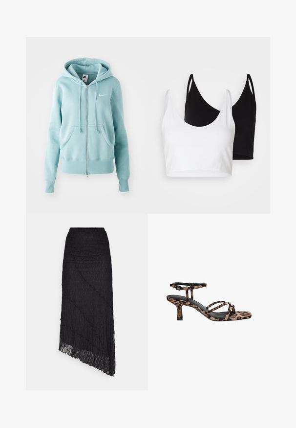 Világoskék cipzáros kapucnis pulóver kenguruzsebbel, húzózsinórral ellátott kapucnival és bordázott aljjal. A mellkasán egy kis fehér Nike logó található.; Két pamut crop top fehér és fekete színben. Mindkettő mély nyakkivágással és vékony vállpántokkal rendelkezik, sima, puha textúrával.; Fekete csipke felső, vállnélküli kivágással, hosszú harangujjakkal és hullámos szegélyekkel. Texturált virágmintázat az egész felsőn.; ONLY ONLKIM LACE SKIRT - Maxiszoknya - black; Leopárdmintás, négyzetes orrú magassarkú szandál, több pánttal és közepes magasságú sarkával. Puha textilből készült.