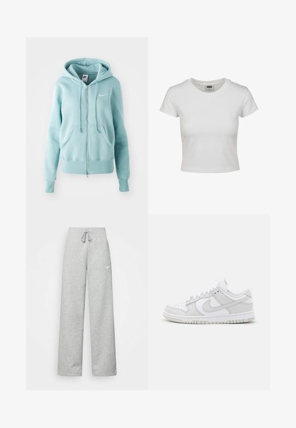Svijetloplava zip-up kapuljača s kenguru džepom, kapuljačom na šnuru i rebrastim rubom. Sadrži mali bijeli Nike logo na prsima.; Bela bombažna majica s klasičnim okroglim ovratnikom, kratkimi rokavi in prilegajočim se krojem. Ni vidnih vzorcev ali dodatkov.; Sive hlače iz trenirke z elastičnim pasom, detajlom na vezanje in majhnim belim logotipom Nike na levem stegnu. Mehak material, ohlapen kroj.; Bela usnjena športna obutev z sivo-nitastimi detajli, perforiranim prstom, ravnimi vezalkami, oblazinjeno ovratnikom in teksturirano gumijasto podplatom.