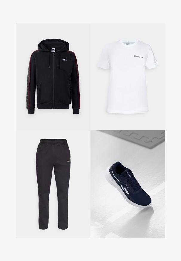 Μαύρο φούτερ με φερμουάρ, με κόκκινες πλευρικές ρίγες, κουκούλα με κορδόνι και λογότυπο Kappa. Διαθέτει υφή στα μανίκια και ribbed μανσέτες και στρίφωμα.; Λευκό βαμβακερό T-shirt με στρογγυλή λαιμόκοψη, κοντά μανίκια και κεντημένο μαύρο λογότυπο "Champion" στο στήθος και στην προφορά του μανικιού.; Μαύρες φόρμες με ελαστική μέση, με μικρό λογότυπο στην επάνω αριστερή πλευρά. Φτιαγμένες από μαλακό ύφασμα, με στενή γραμμή στο πόδι.; Ναυτικές αθλητικές παπούτσια με υφή στην επάνω πλευρά, λευκές λεπτομέρειες και μαλακή σόλα. Διαθέτουν σχέδιο με κορδόνια και λογότυπο στη γλώσσα.