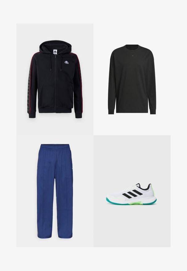 Black zip-up hoodie with red side stripes, drawstring hood, and Kappa logo. Features textured patterns on sleeves and ribbed cuffs and hem.; Black long-sleeve t-shirt made of soft cotton, featuring a crew neck, relaxed fit, and small logo detail on the chest.; Navy blue, loose-fitting pants with an elastic waistband, featuring two front pleats and subtle side accents for added detail.; White athletic shoe with mesh upper, black stripes, and green accents. Features a textured sole and padded collar for support.