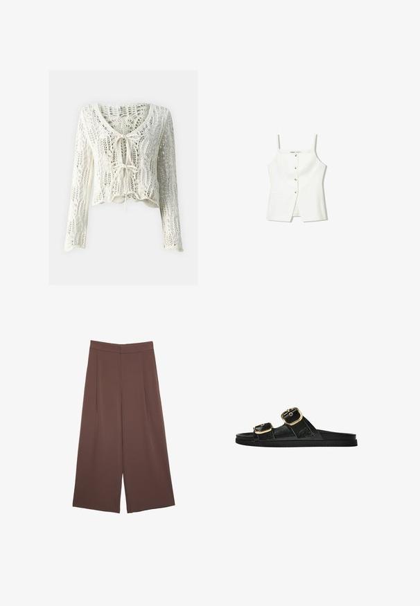 Kratka kardigan sa kukičanim uzorkom u boji krema. Ima duge rukave, duboki V-izrez i prilagodljivu vezicu sprijeda. Tekstura tkanine s otvorenom mrežicom.; Bijela bezrukavna majica s dugmadi sprijeda, bočnim džepovima i prilagođenim dizajnom s lagano raširenim rubom. Glatka tekstura, minimalni detalji.; Smeđe hlače širokog kroja s glatkom teksturom, koje imaju visok struk i nabore sprijeda. Tkanina je lagana i slobodno se kreće.; Crne sandale na klizanje s dva zlatna akcenta u obliku kopči, glatkog teksturiranog materijala, ravnim potplatom i minimalističkim dizajnom.