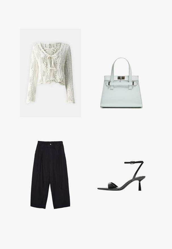 Häkelstil, verkürzter Cardigan in Creme. Merkmale: lange Ärmel, tiefer V-Ausschnitt und verstellbarer Bindegurtverschluss vorne. Strukturierter Stoff mit offener Webart.; Schwarzes kurzärmeliges T-Shirt aus weichem Stoff. Mit klassischem Rundhalsausschnitt und lockerer Passform. Keine Muster oder Akzente sichtbar.; Schwarze Polyester-Culotte mit einem elastischen Bund, zwei vorderen Falten und einer lockeren Silhouette. Keine sichtbaren Muster oder Hardware-Details.; Bershka High Heel Sandalette - black; Helle blaue Handtasche mit strukturiertem Design, zwei Griffen und einem Beschlag aus silberfarbenem Metall. Texturiertes Material und scharfe Ecken.