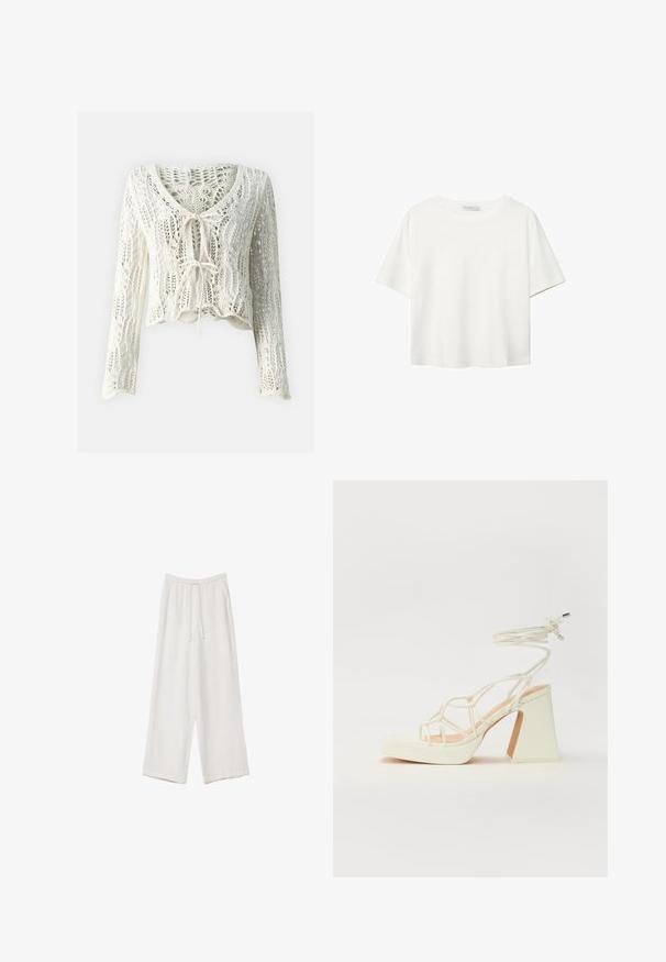 Häkelstil, verkürzter Cardigan in Creme. Merkmale: lange Ärmel, tiefer V-Ausschnitt und verstellbarer Bindegurtverschluss vorne. Strukturierter Stoff mit offener Webart.; Weißes T-Shirt mit kurzen Ärmeln aus Baumwolle. Hat einen Rundhalsausschnitt und eine lockere Passform. Glatte Textur ohne sichtbare Muster oder Akzente.; Weiße weit geschnittene Hose aus leichtem Stoff. Mit einem elastischen Bund und Kordelzug sowie Seitentaschen. Glatte Textur.; Weiße High-Heel-Sandale mit einem klobigen Absatz, die über ein Riemchendesign und ein Knöchelband verfügt. Glatte Textur mit einer Plattform vorne für zusätzliche Höhe.