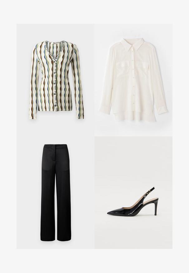 Megzta kardiganas su V formos iškirpte, puoštas banguotomis juostomis rudos, mėlynos ir žalios spalvų. Užsegamas priekyje, su juodos ir baltos spalvos akcentais. Ilgos rankovės.; Balta marškinėlių su mygtukais, pagaminti iš lengvos medžiagos. Turi klasikinį apykaklę, dvi krūtinės kišenes ir šiek tiek ilgesnį nugaros kraštą.; Plati juodų kelnių, turinčių tekstūruotą paviršių, su lygiu juosmeniu ir dviem šoninėmis kišenėmis. Audinys atrodo lengvas ir plazdantis.; Juodas lakinės odos slingback batelis su smailiu nosiu, plonu kulnu ir subtiliu išpjovos dizainu. Yra auksinė sagtis ant dirželio.