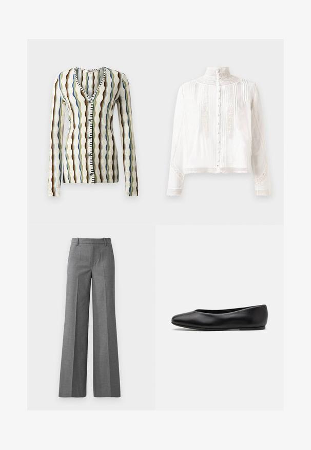 Strikket cardigan med V-hals, der har bølgemønstre i brun, blå og grøn. Knappet front med sort og hvid accent. Lange ærmer.; Hvid bluse med høj krave, lange ærmer, lodrette plisseringer, blonde detaljer og knaplukning ned langs fronten. Letvægtsstof med semi-gennemsigtig struktur.; Grå bukser med vidde i et tekstureret stof. Har frontfolder, en tætsiddende talje og en poleret finish, ideel til formelle anledninger.; Paul Smith TOPANGA - Ballerinasko - black