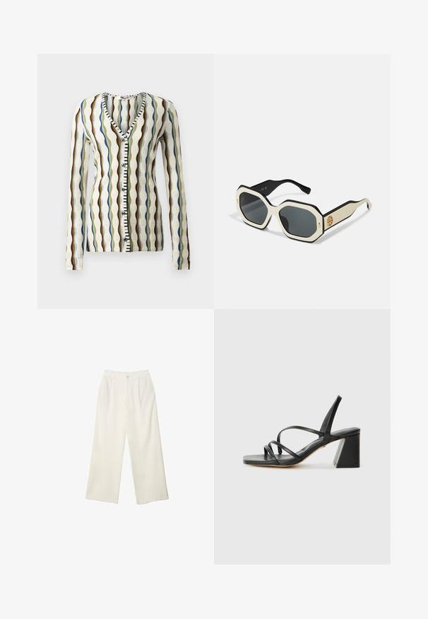 Strickjacke mit V-Ausschnitt, mit gewellten Streifen in Braun, Blau und Grün. Knopfleiste vorne mit schwarz-weißen Akzenten. Lange Ärmel.; Schwarzes Camisole mit zartem Spitzenbesatz entlang der Kanten, asymmetrischem Design, verstellbaren Trägern und glattem satinähnlichem Stoff.; Helle Stoffhose mit weitem Bein und glatter Textur, ausgestattet mit einem einzelnen Knopf vorne, dezenten Falten und einem Hochbund-Design.; Schwarze High Heels Sandalen mit quadratischer Zehenpartie, die mehrere dünne Riemen und einen geometrischen Blockabsatz aufweisen. Glatte Ledertextur und minimales Design.; Sonnenbrille mit einem oktagonalen weißen Rahmen, schwarzen Kanten und grauen Gläsern. Ein goldenes Logodetail an der Seite verleiht einen markanten Akzent.; Weiße Lederhandtasche mit goldfarbenen Beschlägen, ausgestattet mit einer Klappenverschluss und einem abnehmbaren, verstellbaren Riemen. Runde Metallakzente in der Mitte.