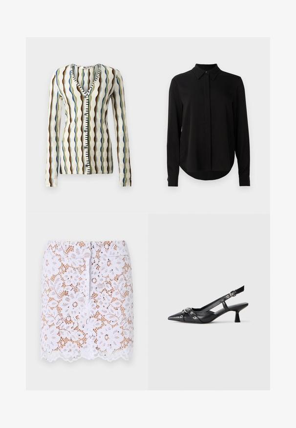 Kootud kardigan V-kaelusega, millel on lainelised triibud pruunis, sinises ja rohelises. Ees olev nupuga sulgurmustus musta ja valge aktsendiga. Pikad varrukad.; Mustmustärgne, pikkade varrukatega pluus terava kraega, varjatud nööpide ridadega ja kõverate servadega, valge tausta ees.; Valge pitsseelik lillemustriga, lainelise ääre ja diskreetsete ääristustega. Omab liibuvaid jooni ja peidetud tagavat zipperit.; Must must have must toote tõmblukuga, dekoratiivsed rihmad metallist silmadega ja madal blokk-kand. Tekstureeritud pind.