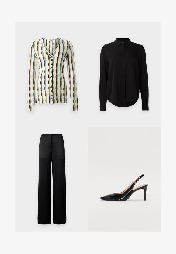 Kötött kardigán V nyakkivágással, hullámos csíkokkal barna, kék és zöld színekben. Gombos elülső rész fekete és fehér díszítéssel. Hosszú ujjakkal.; Fekete hosszú ujjú blúz hegyes gallérral, rejtett gombsorttal és ívelt aljjal egy sima fehér háttér előtt.; Széles lábú fekete nadrág, texturált felülettel, lapos derékkal és két oldalsó zsebbel. Az anyag könnyűnek és légiesnek tűnik.; Fekete lakk bőr kötött magassarkú cipő, hegyes orral és karcsú sarokkal, finom kivágásos dizájnnal. Az övön arany csatt található.