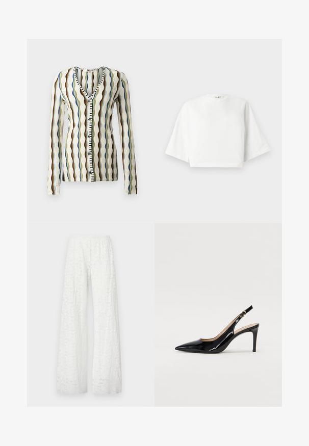 Cardigan lavorato a maglia con scollatura a V, caratterizzato da strisce ondulate nei colori marrone, blu e verde. Chiusura con bottoni frontale con accentuazione in bianco e nero. Maniche lunghe.; T-shirt bianco cropped con vestibilità rilassata, maniche corte e larghe, scollatura rotonda e spacchi laterali, realizzato in morbido cotone.; Pantaloni bianchi a gamba larga con un elastico in vita, che presentano un motivo in pizzo floreale testurizzato su tutto il tessuto.; Pumps slingback in pelle verniciata nera con punta affilata, tacco sottile e un design con ritagli delicati. Caratterizzate da una fibbia dorata sul cinturino.