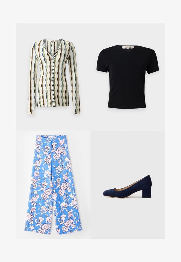 Pletený kardigán s výstrihom do V, s vlnitými pruhmi v hnedej, modrej a zelenej farbe. Zapínanie na gombíky v prednej časti s čierno-bielym akcentom. Dlhé rukávy.; Čierne tričko s krátkym rukávom a výstrihom do V, vyrobené z hladkej, elastickej textílie. Má jednoduchý, klasický strih bez zdobenia.; Modré kvetinové nohavice s jemným vzorom ruží. Tkanina je hladká s voľným strihom, širokými nohavicami a elastickým pásom.; Námořnické modré semišové lodičky s špičatou špičkou a středním blokovým podpatkem. Hladká textura s jemným leskem a malým výstřihem vpředu.