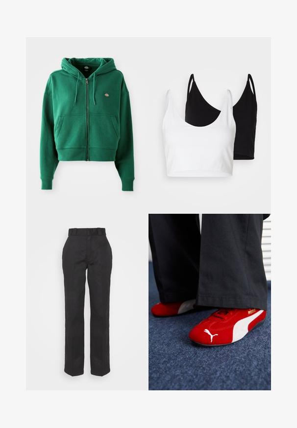 Zelená mikina na zip s předními kapsami, kapucí na šňůrku, žebrovanými manžetami a lemem a malým logem na levém prsu.; Dvě bavlněné crop topy v bílé a černé barvě. Každý má hluboký výstřih a tenké ramínka, s hladkou, měkkou texturou.; Černé kalhoty s hladkou texturou, rovného střihu a páskem v pase. Mají jednoduchý, klasický siluetu bez dalších vzorů.; Červené semišové tenisky s bílými detaily, mají texturovaný materiál, kulatou špičku a zlaté logo na boku, nošené s černými kalhotami.