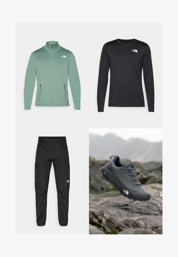 Svetlo zelena flis jakna z zadrgo spredaj, postavljenim ovratnikom, zadrgo zaprtimi stranskimi žepi in teksturirano tkanino. Logotip na levem prsnem delu.; Črna majica z dolgimi rokavi za športne dejavnosti iz lahkega materiala, ki na zgornji levi strani prsnega dela vsebuje bel logotip. Gladka tekstura.; The North Face HORIZON PANT - Hlače za na prostem - black; Sive teka za trail tek, z teksturirano zgornjimi deli, trpežnim gumijastim podplatom in ojačanim kapico za prste. Ima vezi in logotip blagovne znamke na strani.