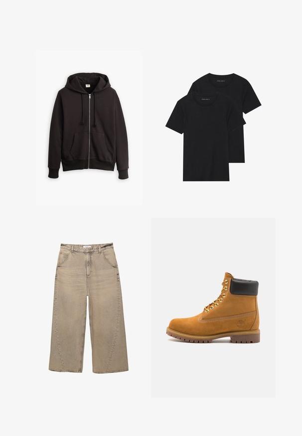 Crna zip-jakna s kapuljačom na vezanje, bočnim džepovima i rebrastim manžetama. Ima mali Levi's logo u smešnoj boji na grudima. Napravljena je od pamuka i poliester. ; Dvoje crnih pamučnih majica s kratkim rukavima, okruglim izrezom i glatkom teksturom, prikazanih n stacked. ; PULL&BEAR MEGA BAGGY - Vrećaste traperice - light grey; Antracitne antilop čizme do gležnjeva s crnim podstavljenim ovratnikom, zlatnim metalnim rupicama, bijelim šavovima i robusnom gumenom potplatom s izraženim šarama.