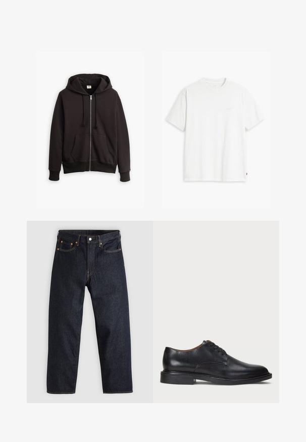 Μαύρο φούτερ με φερμουάρ και κουκούλα με κορδόνι, μπροστινές τσέπες και ριμπ μανσέτες. Διαθέτει μικρό λογότυπο της Levi's σε καφέ χρώμα στο στήθος. Φτιαγμένο από μίγμα βαμβακιού.; Λευκό βαμβακερό μπλουζάκι με κοντά μανίκια, απλό λαιμόκοψη και διακριτό λογότυπο της Levi's τυπωμένο στο κέντρο. Μαλακή υφή και κανονική εφαρμογή.; Σκούρο μπλε τζιν παντελόνι με ίσια γραμμή, πέντε τσέπες, αντίθετη πορτοκαλί ραφή και κουμπί στην μέση. Χωρίς ορατά σχέδια ή διακοσμήσεις.; Μαύρο δερμάτινο παπούτσι με στρογγυλή μύτη, σχέδιο με κορδόνια και χαμηλό σωρευμένο τακούνι. Λείος υφάντης με ελάχιστες ραφές.