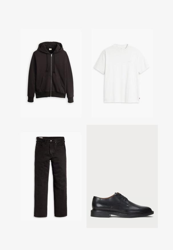 Felpa nera con zip e cappuccio regolabile, tasche frontali e polsini a coste. Presenta un piccolo logo Levi's marrone sul petto. Realizzata in misto cotone.; T-shirt bianca in cotone con maniche corte, scollo rotondo e un sottile logo "Levi's" stampato in colore chiaro sul davanti.; Jeans in denim neri a gamba dritta con cinque tasche, chiusura a bottone e passanti per cintura, adagiati su uno sfondo bianco.; Scarpa da uomo in pelle nera con punta rotonda, design con lacci e tacco basso impilato. Texture liscia con dettagli di cucitura minimi.