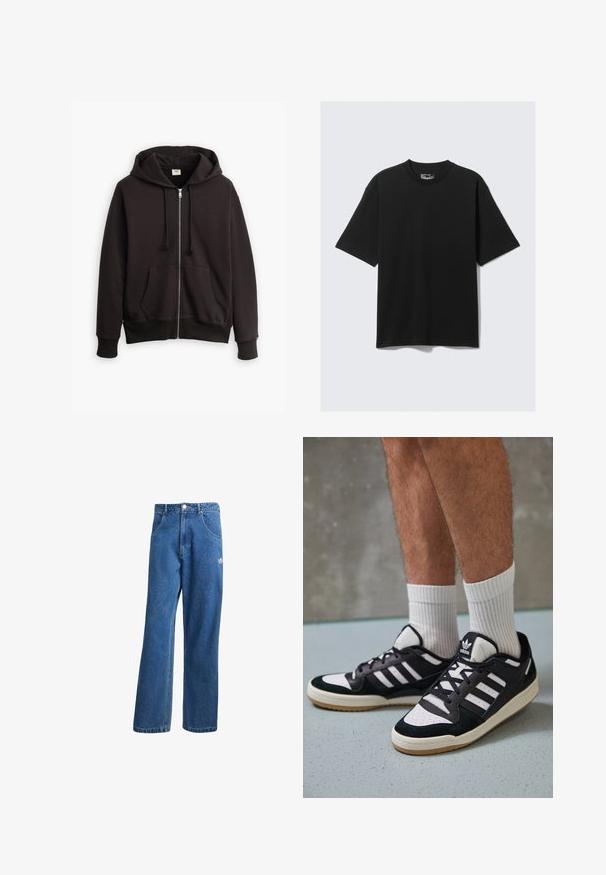 Schwarze Zip-up Hoodie mit einer Kapuze mit Kordelzug, Fronttaschen und gerippten Bündchen. Verfügt über ein kleines Levi's-Logo in Braun auf der Brust. Hergestellt aus einem Baumwoll-Mix.; Schwarzes T-Shirt mit kurzen Ärmeln aus Baumwolle, im Freizeitschnitt und mit Rundhalsausschnitt. Minimalistisches Design ohne Muster oder Akzente.; Blaue Jeans aus Denim mit weitem Bein, ausgestattet mit einem vorderen Bundknopf, Seitentaschen und einem kleinen weißen Logo am linken Bein.; Schwarz-weiße Sneaker mit einem Obermaterial aus Wildleder und Leder, ausgestattet mit drei weißen Streifen, einer perforierten Zehenpartie und einer Sohle aus Gummi.