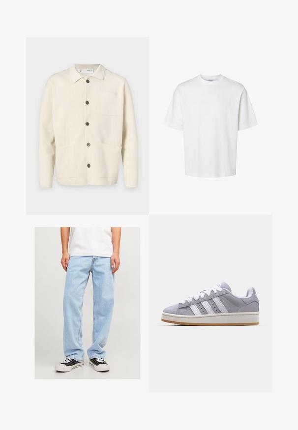 Šviesiai bežinis kardiganas su apykakle, turintis penkis rudus mygtukus, dvi priekinės kišenes ir vieną krūtinės kišenę. Textūruotas audinys.; Balta medvilninė marškinė su trumpomis rankovėmis, apvaliu iškirpimu ir laisvu siluetu. Lygus paviršius be matomų raštų ar akcentų.; Šviesiai mėlynos denim kelnės su laisvu siluetu, su tiesių kojų dizainu ir standartinėmis siūlėmis, derinamos su juodais sportiniais bateliais.; Pilki zomšiniai sportbačiai su baltais dryžiais, apvaliu priekiu ir guminiais padais. Yra perforacijos šone ir tekstūruotas kulno juostos elementas.