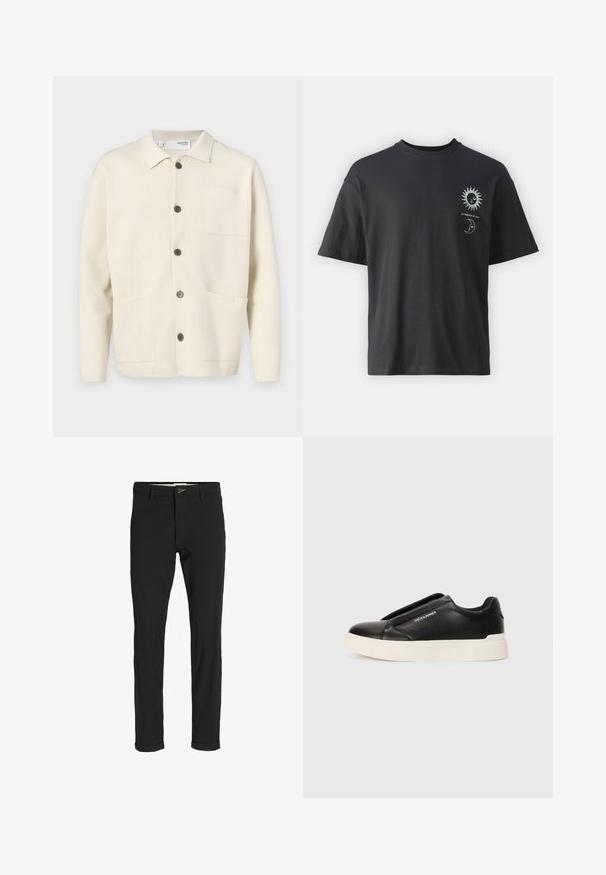 Light beige cardigan with a collared neckline, featuring five brown buttons, two front pockets, and a single chest pocket. Textured fabric.; Black cotton t-shirt with short sleeves, round neck, and front graphics of a sun and moon, accompanied by text "Le Soleil et La Lune."; Black cotton blend pants with a slim fit, featuring a button closure, pockets, and rolled cuffs for a casual finish.; Black slip-on sneaker with textured leather upper, white rubber sole, and no visible laces. Features brand logo on the side.