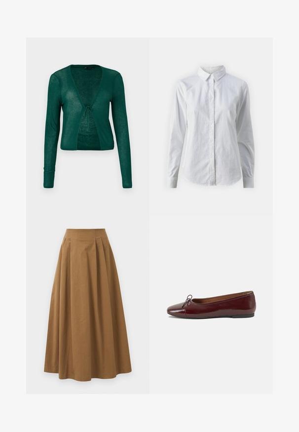 Zelený pletený kardigan s dlouhými rukávy, výstřihem do V a předním zavazováním, s ribbed texturou a zkráceným střihem.; Bílá košile na knoflíky vyrobená z hladké bavlny, s klasickým límcem, dlouhými rukávy a zakřiveným spodním lemem. Knoflíky jsou malé a bílé.; Hnědá bavlněná sukně ve stylu A s vysokým pasem, se sklady na přední straně a hladkou texturou. Lemování je čisté a jednoduché.; Burgundské lakové baleríny s kulatou špičkou, malou mašlí vpředu a nízkou černou gumovou podrážkou. Hladký povrch.