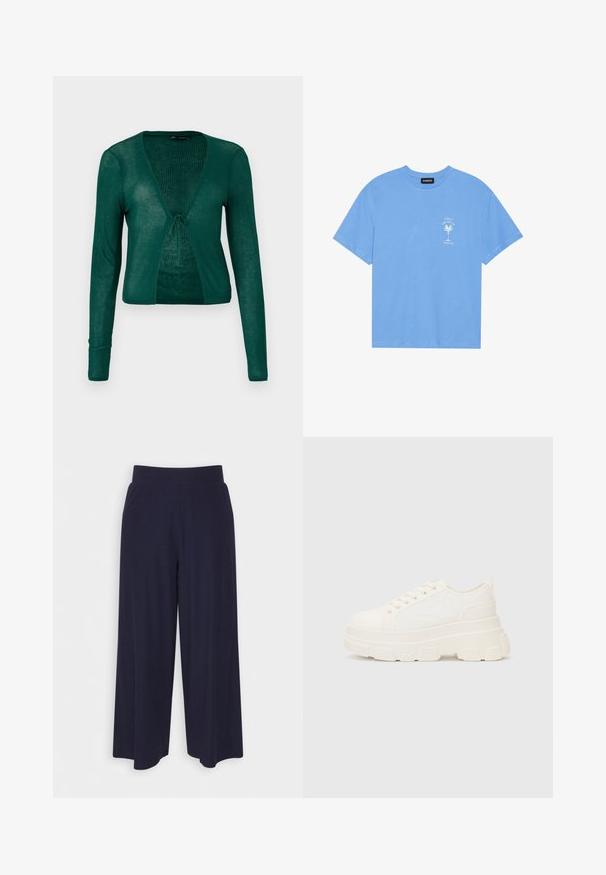 Cardigã verde tricotado com mangas longas, decote em V e fecho na frente, apresentando uma textura canelada e um design cropped.; T-shirt de algodão azul claro com decote redondo. Apresenta uma gráfica branca de uma palmeira e texto na área do peito esquerdo. Mangas curtas.; Calças largas em tecido azul-marinho escuro com uma textura ribada. Apresenta uma cintura suave e uma silhueta fluida, atingindo o comprimento até metade da panturrilha.; Sapatilhas brancas em lona com sola espessa, biqueira arredondada e cinco ilhós para atacadores. Laço traseiro para calçar facilmente. Textura suave, design minimalista.