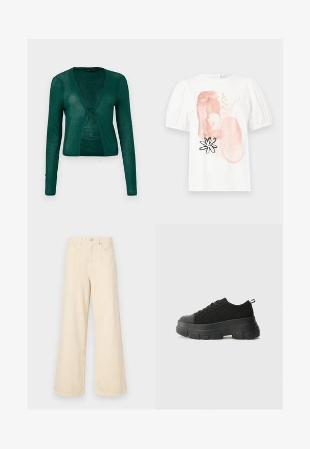 Green knitted cardigan with long sleeves, V-neck, and front tie closure, featuring a ribbed texture and a cropped design.; White short-sleeve top with puffed shoulders, featuring abstract pink and gold patterns and a black flower design on the front.; Beige wide-leg jeans made of cotton. Features a button closure, belt loops, and front pockets with a smooth, soft texture.; Black sneakers with a chunky rubber sole, textured fabric upper, round toe, and lace-up design. Features reinforced eyelets and back pull tab.