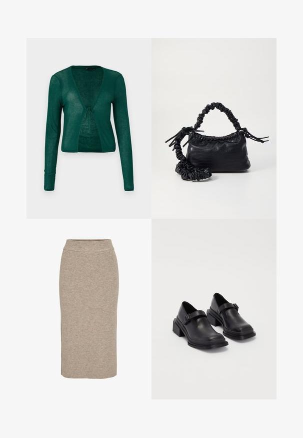 Cardigan verde tricotat, cu mâneci lungi, decolteu în V și închidere cu cravată în față, având un model texturat și un design scurt.; Top negru cu mânecă lungă, aderent, cu decolteu pătrat, etichetat GAP, expus pe un fundal alb.; Fustă creion tricotată, de culoare bej deschis, cu textură regjată, talie înaltă și croială ajustată. Fusta ajunge sub genunchi.; Pantofi din piele neagră cu vârf rotunjit, talpă plată și o curea cu detaliu de cataramă. Toc gros pentru o stabilitate suplimentară.; Geantă din faux leather neagră cu textură de crocodil, cu partea superioară strânsă și o curea mototolită. Pare moale și compactă ca design.