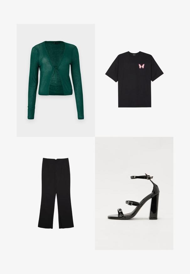 Zelena pletena jakna z dolgimi rokavi, V-izrezom in sprednjim zavezovanjem, ki ima ribano teksturo in skrajšano zasnovo.; Črna bombažna majica s kratkimi rokavi, ki ima majhen roza metuljček na levi strani prsnega dela. Majica s krožnim ovratnikom in sproščenim krojem.; Črne hlače ravnega kroja z naglavnimi žepi in stranskimi razporki na robu. Narejene iz mehke, gladke tkanine. Primerne za različne priložnosti.; Črne lakirane sandale s peto, kvadratnim prstom, trakovi okrog gležnja in srebrnimi zaponkami. Opremljene so s stabilno Debelo peto.