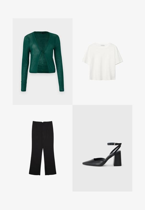 Zielony kardigan wykonany na drutach, z długimi rękawami, dekoltem w kształcie litery V i z przodu wiązaniem, charakteryzujący się prążkowaną teksturą i krótkim fasonem.; Biała koszulka z krótkim rękawem, wykonana z bawełny. Posiada okrągły dekolt i luźny krój. Gładka faktura bez widocznych wzorów czy akcentów.; Czarne spodnie o prostym kroju, z przednimi kieszeniami i bocznymi rozcięciami na dole. Wykonane z miękkiego, gładkiego materiału. Odpowiednie na różne okazje.; Czarne skórzane czółenka z ostrym noskiem, z paskiem na kostce i grubym obcasem. Gładka faktura, elegancki design i minimalistyczna estetyka.