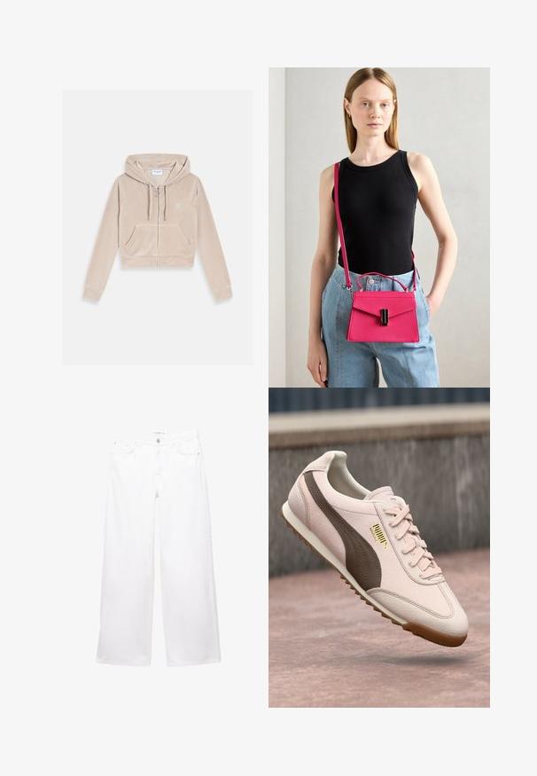 Beige velúr anyagú, cropped fazonú zipzáras kapucnis pulóver, húzózsinóros kapucnival, kenguruzsebekkel és finoman hímzett logóval a mellrészen.; Fehér pánt nélküli felső sima anyagból. Testhez simuló fazon, a deréknál redőzött textúrával. Sötétkék farmernadrággal párosítva.; Fehér, bőszárú farmernadrág sima textúrával. Gombbal és cipzárral záródik, két elülső és két hátsó zsebbel rendelkezik.; Világos rózsaszín Puma Arizona sneaker barna csíkkal és gumi talppal, a levegőben látható egy texturált talajfelszín felett.; Rózsaszín, struktúrált kézitáska, hajtóka záródással és fekete kiegészítőkkel. Keresztben hordható, hosszú pánttal. Simaság jellemzi.