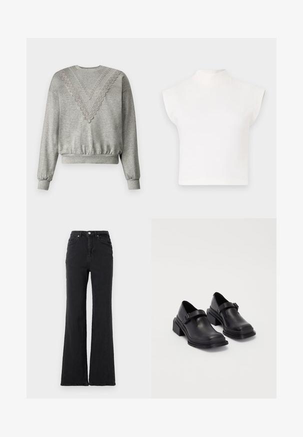 Sivica s kapuco z V-izrezom, okrašena z čipkastim detajlom ob ovratniku. Rebrasti robovi in spodnji rob, izdelana iz mehkega, teksturiranega materiala.; Bela skrajšana majica z visokim ovratnikom in širokimi, oglatimi rokavi. Narejena iz gladkega materiala, brez vidnih vzorcev ali okrasitev.; Črne trde džins hlače visoko pasu z razširjenimi hlačnicami, sprednjim gumbom in obliko z petimi žepi na enobarvni beli podlagi.; Črne usnjene čevlje z zaobljenim nosom, ravnim podplatom in trakcem z zaponko. Debel blokasti petnik za dodatno stabilnost.