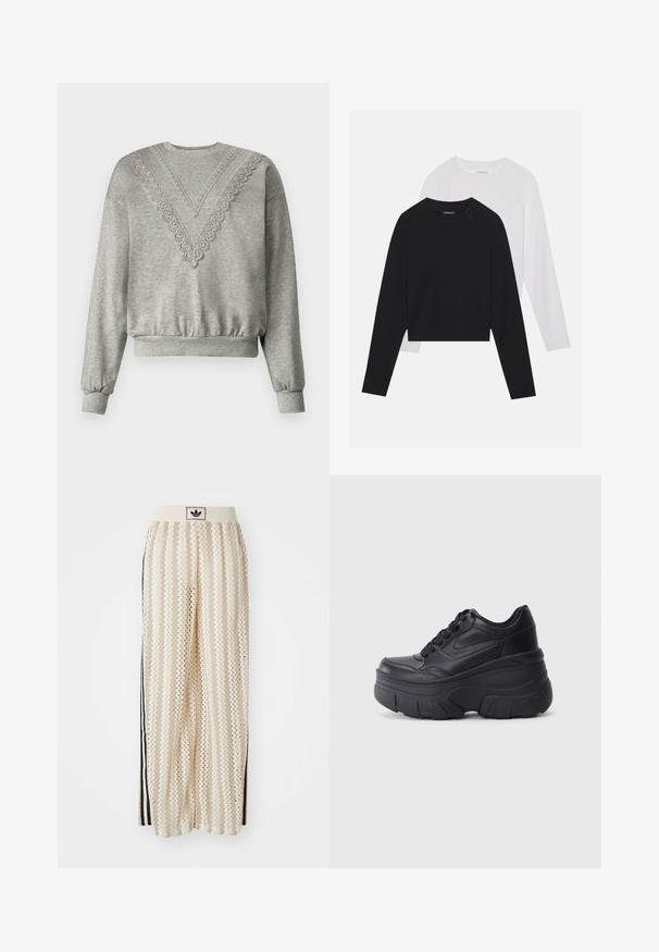 Sweatshirt cinza com decote em V, apresentando detalhes em renda ao longo da gola. Punhos e bainha canelados, feito de um tecido suave e texturizado.; Duas camisas de manga longa: uma preta e uma branca. Ambas apresentam um decote redondo, mangas raglan e um tecido macio em mistura de algodão.; Calças largas de cor creme com um padrão em zigzag, apresentando uma cintura com logotipo preto e riscas laterais pretas. Tecido leve e texturizado.; Ténis pretos com atacadores e sola robusta, apresentando um cabedal em couro liso, bico arredondado e um design de plataforma em camadas distinto.