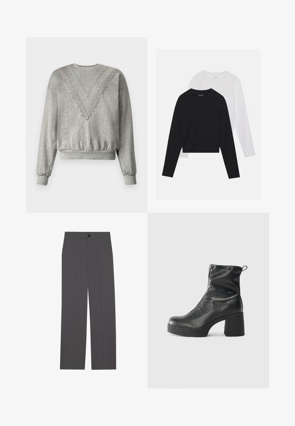 Szary sweatshirt z dekoltem w kształcie litery V, ozdobiony koronką wzdłuż kołnierza. Z ribbowanymi mankietami i dołem, wykonany z miękkiego, teksturowanego materiału.; Dwie koszule z długim rękawem: jedna czarna, a druga biała. Obie mają okrągły dekolt, rękawy raglanowe i miękką bawełnianą tkaninę.; Szare spodnie o prostym kroju nogawki, z dwoma bocznymi kieszeniami i zapięciem na guzik. Gładki materiał bez widocznych wzorów czy akcentów.; Czarne botki za kostkę wykonane z gładkiej skóry, wyposażone w boczny zamek błyskawiczny, masywny teksturowany obcas oraz zaokrąglony czubek.