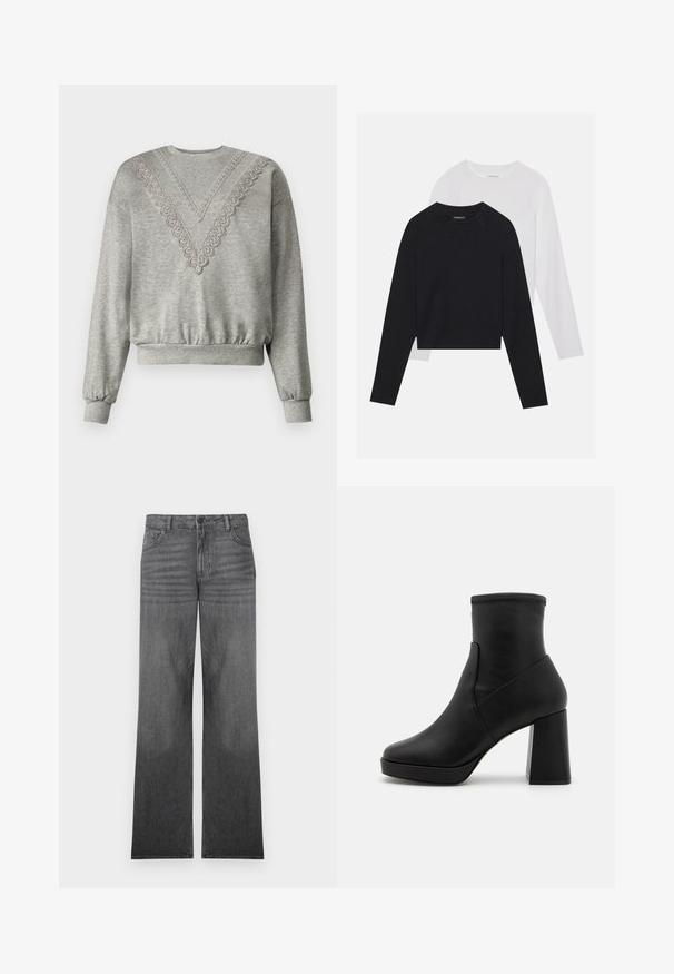 Sivi dukserica s V-izrezom sa čipkastim detaljima oko ovratnika. Rebrasti manžeti i donji rub, izrađena od mekanog, teksturiranog materijala.; Dvije majice dugih rukava: jedna crna i jedna bijela. Obje imaju okrugli izrez, raglan rukave i mekani pamuk korišten za izradu.; Sive traperice širokog kroja s srednjom pranjem, sa dizajnom od pet džepova, prednjim kopčanjem na dugme i suptilnim detaljima šavova.; Crna kožna čizma do gležnja s visokim blok petom, glatke teksture i uskog gornjeg dijela. Ima bezšavni dizajn bez vidljivih kopči.