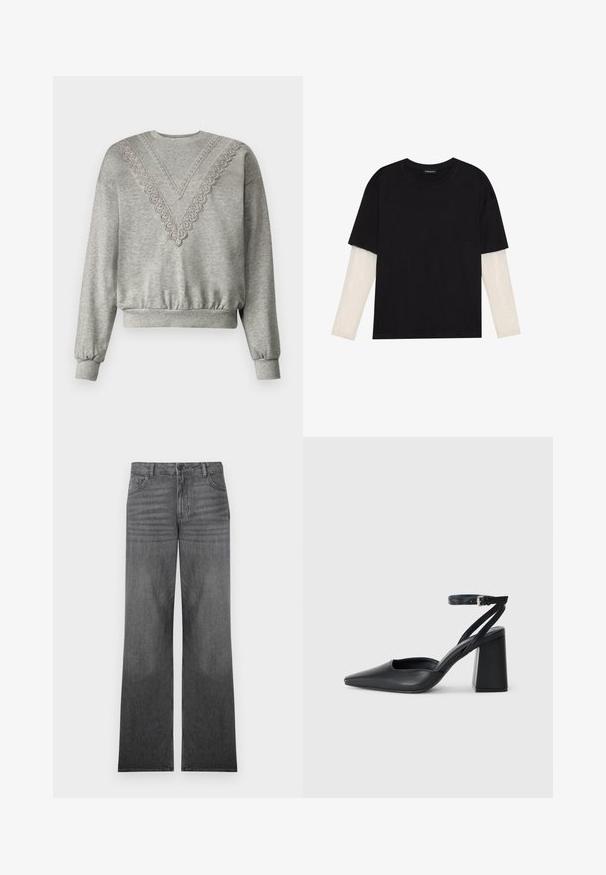 Grey sweatshirt with a V-neckline featuring lace detailing along the collar. Ribbed cuffs and hem, made of soft, textured fabric.; Black T-shirt made of cotton, featuring short sleeves over a white long-sleeve layer with a subtle textured pattern. Crew neckline design.; Grey denim wide-leg jeans with a medium wash, featuring a five-pocket design, front button closure, and subtle seam detailing.; Black leather pointy-toe pump with an ankle strap and a chunky heel. Flat texture, sleek design, and minimalistic aesthetics.