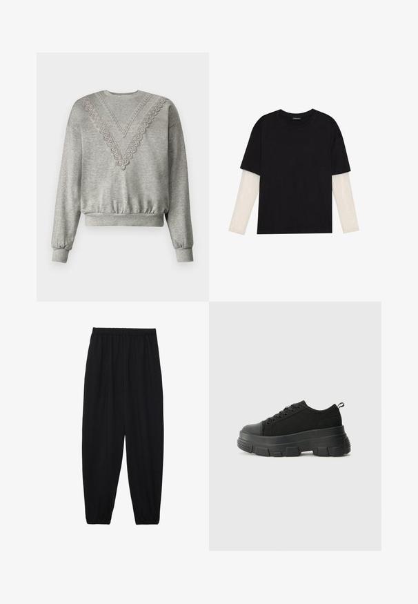 Grey sweatshirt with a V-neckline featuring lace detailing along the collar. Ribbed cuffs and hem, made of soft, textured fabric.; Black T-shirt made of cotton, featuring short sleeves over a white long-sleeve layer with a subtle textured pattern. Crew neckline design.; Black, lightweight pants with an elastic waistband and gathered ankles. The fabric is smooth and features a relaxed, tapered design.; Black sneakers with a chunky rubber sole, textured fabric upper, round toe, and lace-up design. Features reinforced eyelets and back pull tab.