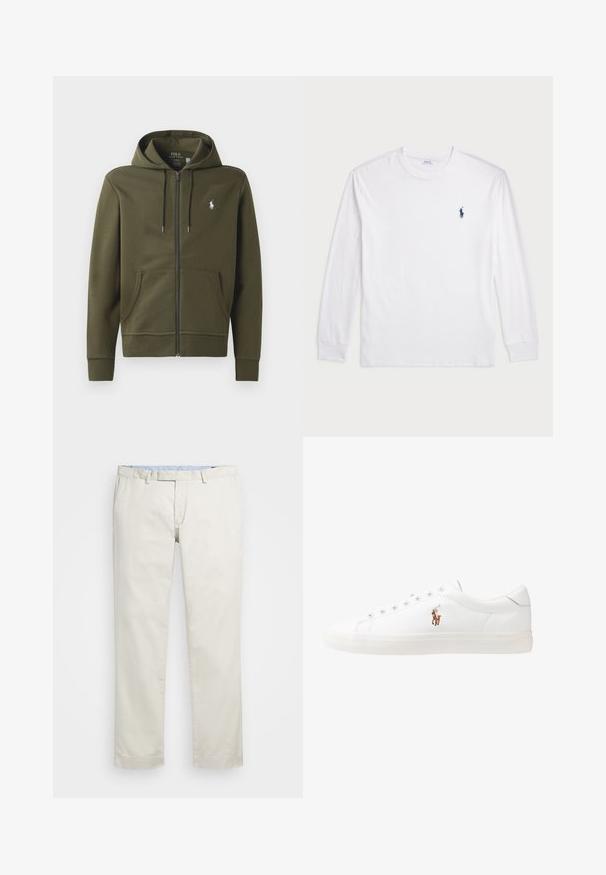 Oliven grønn zip-up hettegenser laget av myk bomull, med kengurulomme, snøring på hetten og en liten hvit logo på venstre bryst.; Hvit langermet T-skjorte laget av bomull. Har rund hals, ribbestrikkede mansjetter, og en liten marineblå polo-logo på venstre bryst.; Beige bomullskjoler med flat front, beltehemper og sidelommer. Rett ben-design med en glatt tekstur og en lett, pustende følelse.; Hvite lærsko, lavt design, med en glatt tekstur, rund tå, snøring foran, og en liten brodert logo på siden.