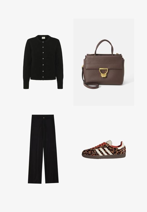 Schwarzer Cardigan aus weichem Stoff, mit langen Ärmeln, einem runden Halsausschnitt und einer Reihe von fünf glänzenden Knöpfen vorne.; Schwarz langärmliges Shirt mit weitem Ausschnitt, aus weichem Stoff gefertigt, mit einer taillierten Passform und minimalen Nähten.; Schwarz weit geschnittene Hose aus einem glatten Stoff, mit frontalen Taschen und einem Knopfverschluss an der Taille. Minimalistisches Design ohne Muster.; Sneaker im Leopardenmuster aus Wildleder mit roten Schnürsenkeln und drei weißen Streifen an der Seite. Sie haben eine cremefarbene Zunge und eine braune Sohle.; Braune Ledertasche mit strukturierter Oberfläche, goldenen Beschlägen, oberen Griffen und abnehmbarem Schultergurt; besitzt eine Vorderklappe mit einem Verschluss.; Goldfarbene rechteckige Armbanduhr mit Zifferblatt in Weiß, silbernen Stundenmarkierungen und einem strapazierfähigen Metallarmband. Wasserfest.