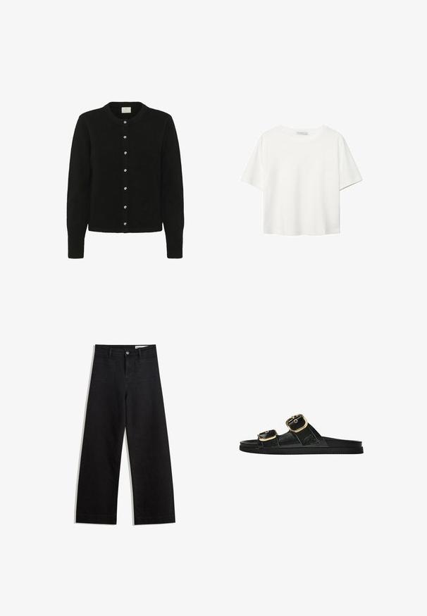Crni kardigan od mekog materijala, s dugim rukavima, okruglim izrezom i redom od pet sjajnih dugmadi sprijeda.; Bijela majica kratkih rukava od pamuka. Ima okrugli izrez i opušteni kroj. Glatka tekstura bez vidljivih uzoraka ili naglasaka.; Crne široke traperice s visokim strukom, s prednjim i stražnjim džepovima, šivenim šavovima i kopčanjem na gumb. Glatka tekstura.; Crne sandale na klizanje s dva zlatna akcenta u obliku kopči, glatkog teksturiranog materijala, ravnim potplatom i minimalističkim dizajnom.