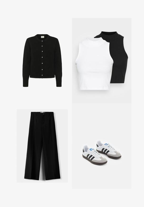 Čierny cardigan vyrobený z jemnej látky, s dlhými rukávmi, okrúhlym výstrihom a radom piatich lesklých gombíkov vpredu.; Dve bezrukávové rebrované roláky v čiernej a bielej farbe, pričom majú priliehavý strih a hladkú textúru, s krátkou dĺžkou.; Čierne široké nohavice z ľahkého materiálu, s predným zapínaním na gombík a plochým predným dielom, s pekne ušitými lemami.; Športové topánky s bielym koženým zvrškom, šedou semišovou špičkou a tromi čiernymi pruhmi. Obsahujú modré logo na jazyku a štruktúrovanú gumovú podrážku.