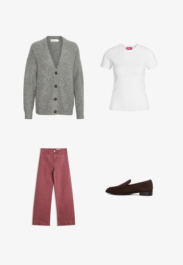Sivi pleteni kardigan s V-izrezom, pet velikih dugmadi sprijeda i rebrastim manžetama. Izrađen od mekog, teksturiranog materijala.; Bijela pamučna majica s kratkim rukavima i okruglim izrezom. Ima ružičastu oznaku na unutarnjoj strani ovratnika. Glatka tekstura.; Hlače širokog kroja u prigušenoj ružičastoj boji. Izrađene su od čvrstog materijala, imaju dva stražnja džepa, zatvaranje na dugme i proširene petlje za remen.; Smešani smeđi cipele bez pertli s glatkom teksturom, izduženim oblikom, niskim blok petom i minimalističkim dizajnom. Nema vidljivih uzoraka ili ukrasa.