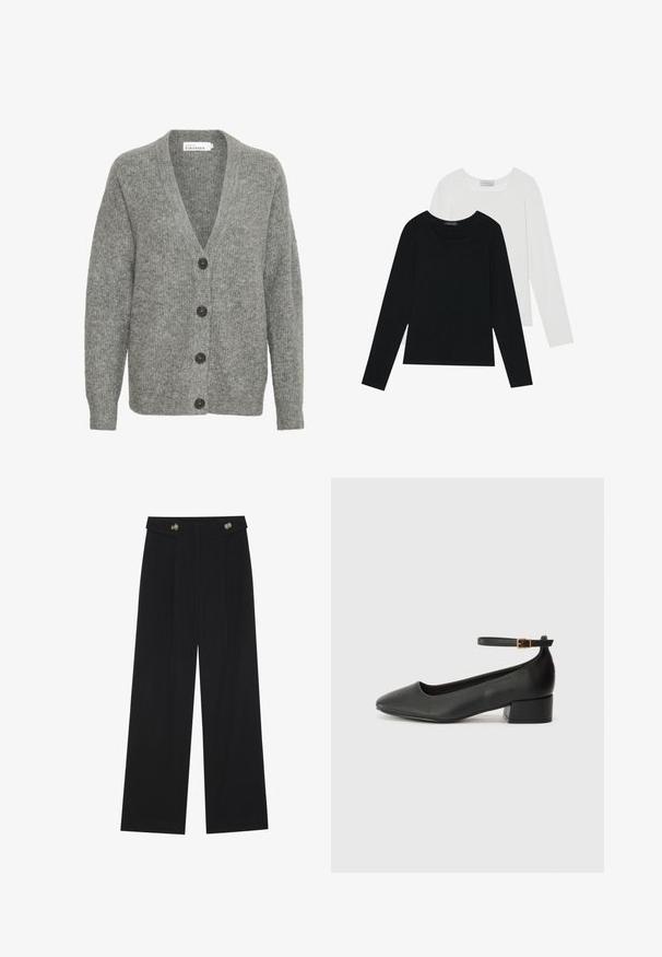 Szary dzianinowy kardigan z dekoltem w kształcie litery V, pięcioma dużymi guzikami z przodu i ściągaczowymi mankietami. Wykonany z miękkiej, fakturowanej tkaniny.; Dwie bluzki z długim rękawem, jedna czarna i jedna biała, obie z kwadratowym dekoltem i wykonane z miękkiego, elastycznego materiału.; Czarne szerokie spodnie z wysokim stanem, z detalami w postaci guzików na pasku oraz plisami z przodu.; Czarne skórzane szpilki z ostrym noskiem i niskim słupkowym obcasem. Wyposażone w pasek na kostkę z złotym zapięciem. Gładka tekstura.