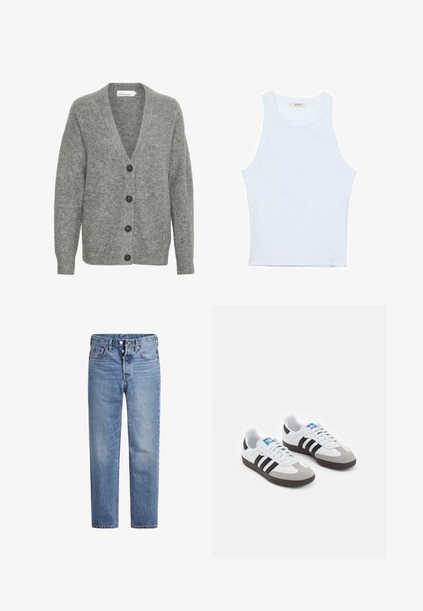 Šedý pletený kardigan se V-výstřihem, pěti velkými knoflíky vpředu a ribbovanými manžetami. Vyrobeno z měkké, texturované látky.; Bílý top bez rukávů, žebrovaná textura, kulatý výstřih, obtáhnutý střih, decentní značka na štítku uvnitř oblasti límce.; Světle modré džíny s rovný střih, designem s pěti kapsami a knoflíkovým zapínáním. Mají jemné vyblednutí a oranžové prošití.; Sportovní boty s bílým koženým svrškem, šedou semišovou špičkou a třemi černými pruhy. Obsahují modré logo na jazyku a texturovanou gumovou podrážku.