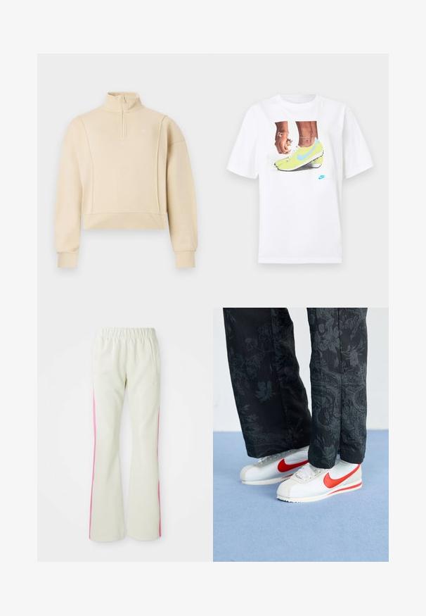 Bēša pusgarā džempera augsts apkakle un ceturtdaļas rāvējslēdzēja dizains. Aprīkots ar ribotām rokām un smalku logo uz krūtīm. Mīksta tekstūra.; Balts kokvilnas T-krekls ar grafiku, kurā attēloti zili akcentēti dzelteni Nike zābaki un kreisajā rokā valkāta rokassprādze.; Gaiši beigi bikses ar elastīgu jostu, aprīkotas ar rozā sānu paneļiem un sānu kabatām. Gluda tekstūra ar taisnu kāju dizainu.; Baltas Nike sporta apavi ar sarkanām akcentiem, savienoti ar melniem biksēm, kurām ir ziedu raksts. Virsma ir gluda ar plakanu pinumu zoli.