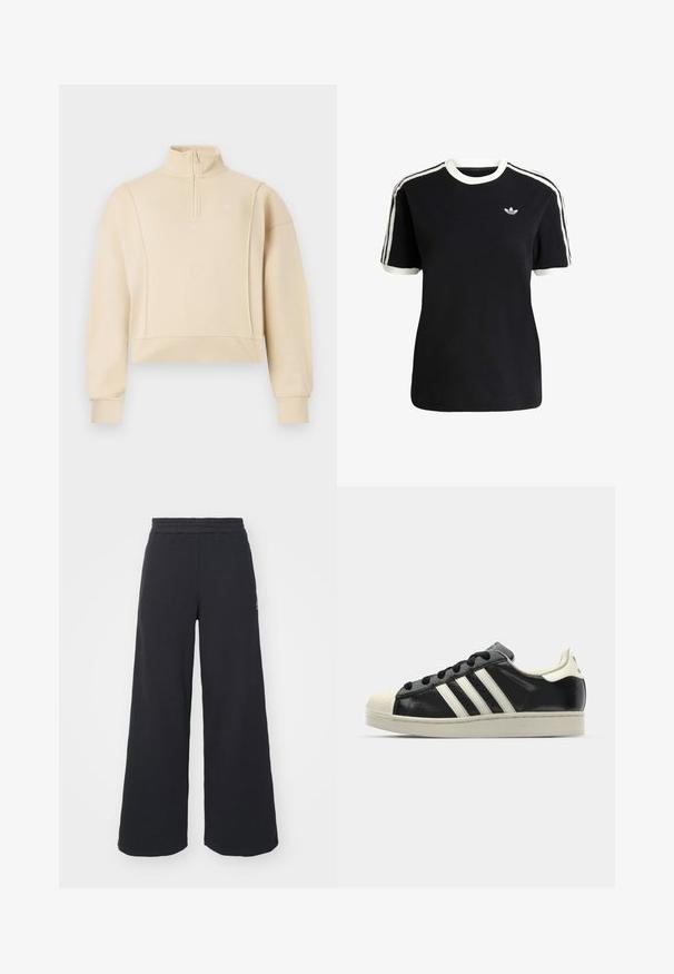 Felpa corta beige con colletto alto e design a zip quarti. Presenta polsini a costine e un logo sottile sul petto. Tessuto morbido.; T-shirt nera in cotone con accenti bianchi sul collo e sulle maniche, caratterizzata da tre strisce bianche su ciascun spalla e un piccolo logo sul petto.; Pantaloni felpati neri a gamba larga realizzati in tessuto morbido, con un elastico in vita e un piccolo logo sul lato sinistro.; Sneaker in pelle nera con strisce bianche, punta in gomma, lacci neri e suola di colore crema. Texture liscia con finitura brillante.