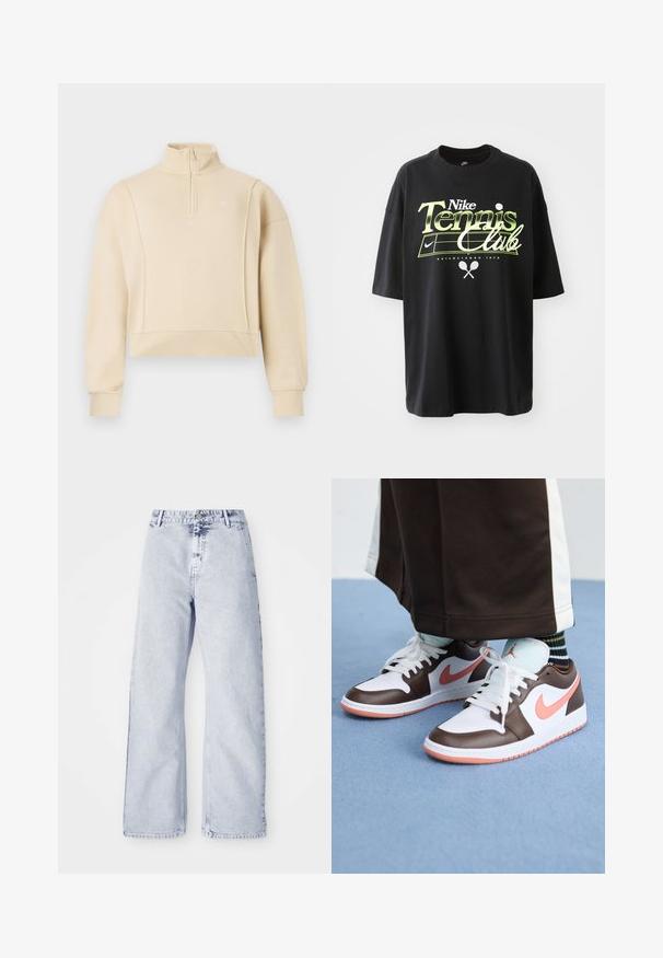 Beige cropped pulóver magas gallérral és negyedcipzárral. Bordás mandzsettákkal és diszkrét logóval a mellkason. Puha tapintás.; Fekete pamut póló rövid ujjakkal, zöld és fehér "Nike Tennis Club" grafikával, teniszlabda és ütő illusztrációkkal.; Világoskék farmer széles szárú nadrág magas derekú, gombos záródással és öt zsebes kialakítással. Puha tapintású és látható varrási részletekkel.; Fehér és barna Nike Air Jordan sportcipők rózsaszín kiemelésekkel, alacsony szárú dizájnnal, fehér fűzőkkel és texturált gumitalppal.