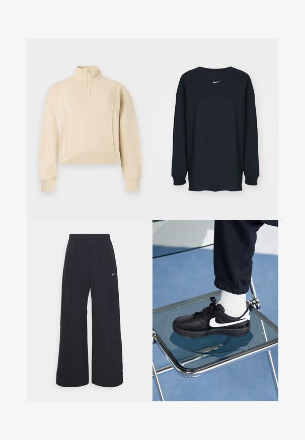 Felpa corta beige con colletto alto e design a zip quarti. Presenta polsini a costine e un logo sottile sul petto. Tessuto morbido.; T-shirt nero a maniche lunghe in cotone con colletto rotondo. Presenta un logo Nike bianco sul petto. Texture morbida, design semplice.; Pantaloni neri a gamba larga con cintura elastica e un piccolo logo Nike bianco. Il tessuto ha una texture liscia, progettata per il comfort e l'abbigliamento casual.; Sneakers Nike neri con accenti bianchi, caratterizzati da una superficie in pelle liscia, design con lacci e punta rotonda, posizionati su una sedia di vetro.