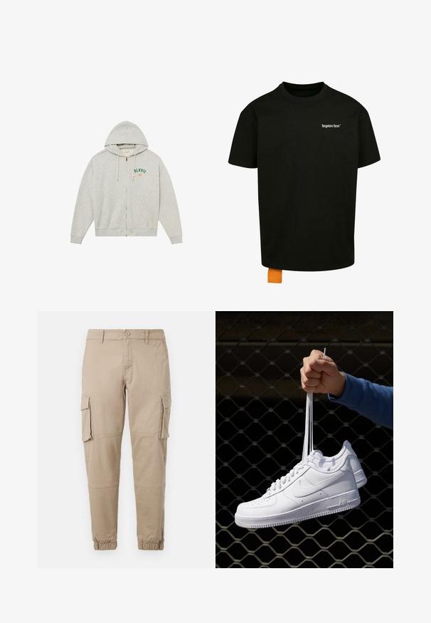 Siva dukserica s patentnim zatvaračem izrađena od mekanog tkanja, s kapuljačom, dva bočna džepa i vezom "BLKVIS NY" u zelenoj i narančastoj boji.; Crna pamukasta majica s opuštenim krojem, okruglim izrezom i kratkim rukavima. Ima bijeli tekstualni logo na prsima i narančastu oznaku na rubu.; Bež cargo hlače od laganog pamuka. Imaju elastične manžete, više bočnih džepova i kopčanje na dugme.; Bijele kožne tenisice s perforacijama, okruglim vrhom, ravnim potplatom i debelim vezicama, s vidljivim swoosh logom i natpisom "AIR" na peti.