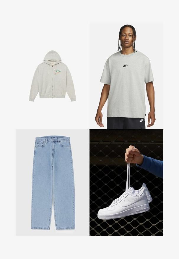Sweatshirt cinzento com fecho de correr, feito de tecido macio, com capuz, dois bolsos laterais e "BLKVIS NY" bordado em verde e laranja.; Pessoa jovem com cabelo trançado a usar uma camiseta Nike cinza claro e calções Nike pretos em fundo branco liso.; Jeans de denim azul claro com design de perna reta, apresentando uma cintura de altura média, cinco bolsos e um fecho de botão e zíper.; Sapatilhas de couro branco com perfurações, biqueira redonda, sola plana e atacadores grossos, apresentando um logotipo swoosh visível e "AIR" no calcanhar.